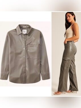 NWT Abercrombie & Fitch Vegan Leather SET Pants & Shacket Jacket Cargo Gray Suit